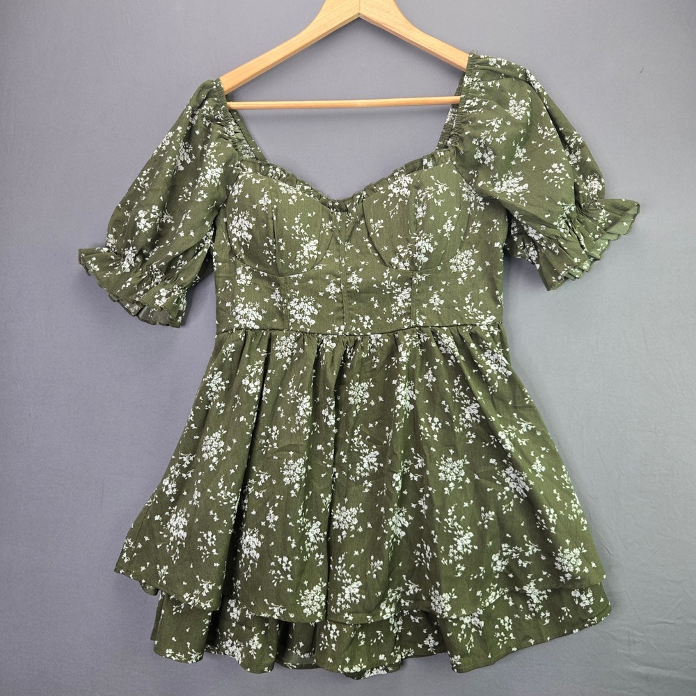 Charlotte Russe Floral Mini Dress L Green Puff Sleeve Sweetheart Ruffle Tiered